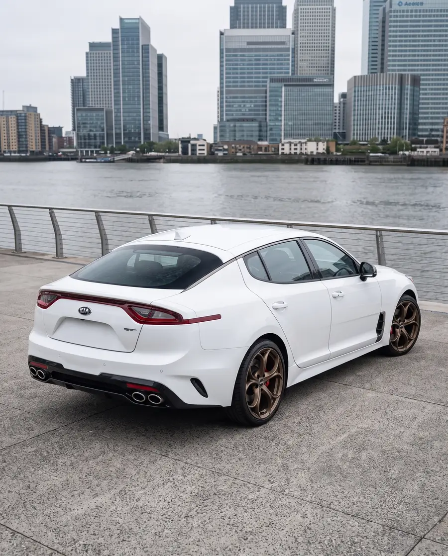 Kia Stinger blanco con AXYS DPA, tres cuartos trasero